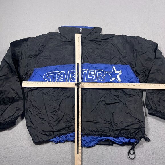 Vintage Starter Jacket Women Large‎ Windbreaker Black Blue Ripstop Hooded - Picture 3 of 12